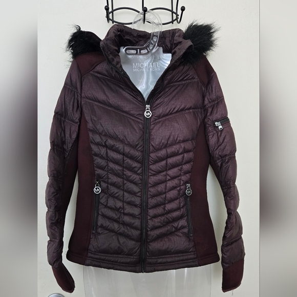 Michael Kors Jackets & Blazers - michael kors woman puff jacket plum Burgundy faux fur removable hood small EUC